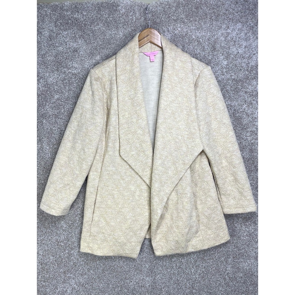 Lilly Pulitzer Quilted Metallic Open Front Jacket Womens L Cream Gold Layering